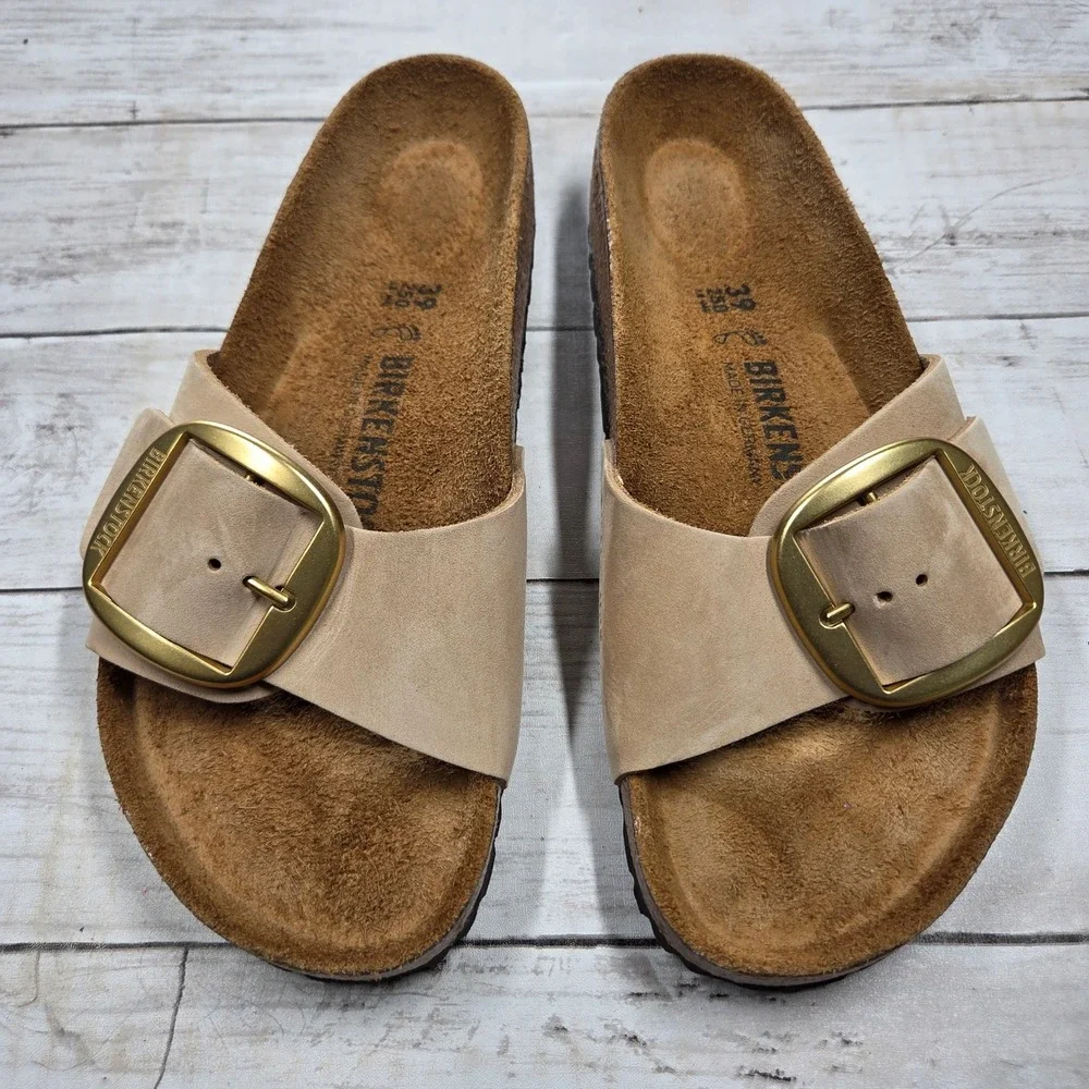 Birkenstock Madrid Buckle Slide Sandal Women 39(L8) Almond Sand Nubuck Leather